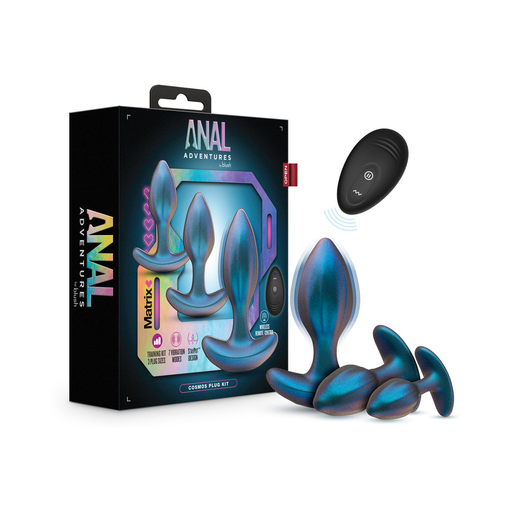 Anal Adventures Matrix Cosmos Plug Kit Lunar Blue three lunar-blue Matrix Cosmos silicone plugs with black remote beside box