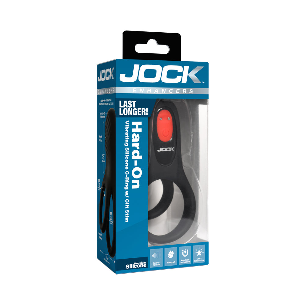 JOCK Enhancers Hard-On Vibrating Silicone C-Ring w /Clit Stim JOCK Hard-On black c-ring with ribbed stimulator retail package with the long ribbed design visible