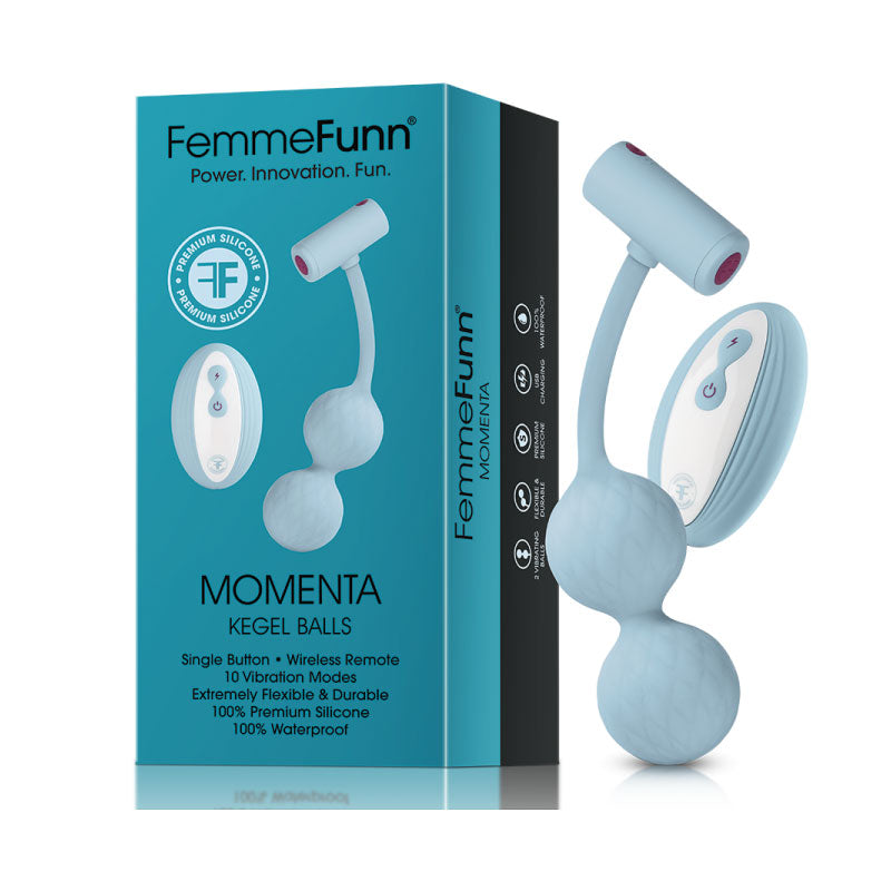 FemmeFunn Momenta Rechargeable Remote-Controlled Silicone Kegel Balls Light Blue FemmeFunn Momenta light blue Kegel balls, remote and turquoise-and-white retail box