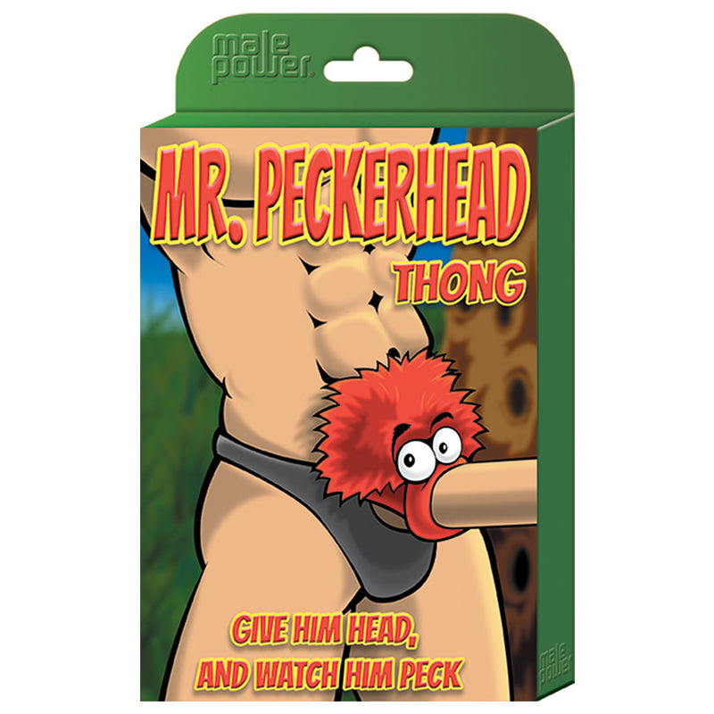 Male Power Novelty Mr. PeckerHead Thong Black O/S Male Power Mr. PeckerHead Black Thong in green carton
