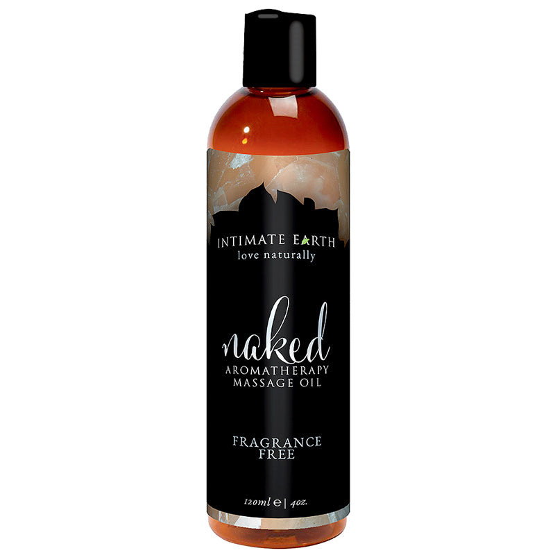 Intimate Earth Naked Fragrance Free Aromatherapy Massage Oil 4 oz. Intimate Earth Naked Massage Oil amber 4 oz bottle with black fragrance free label