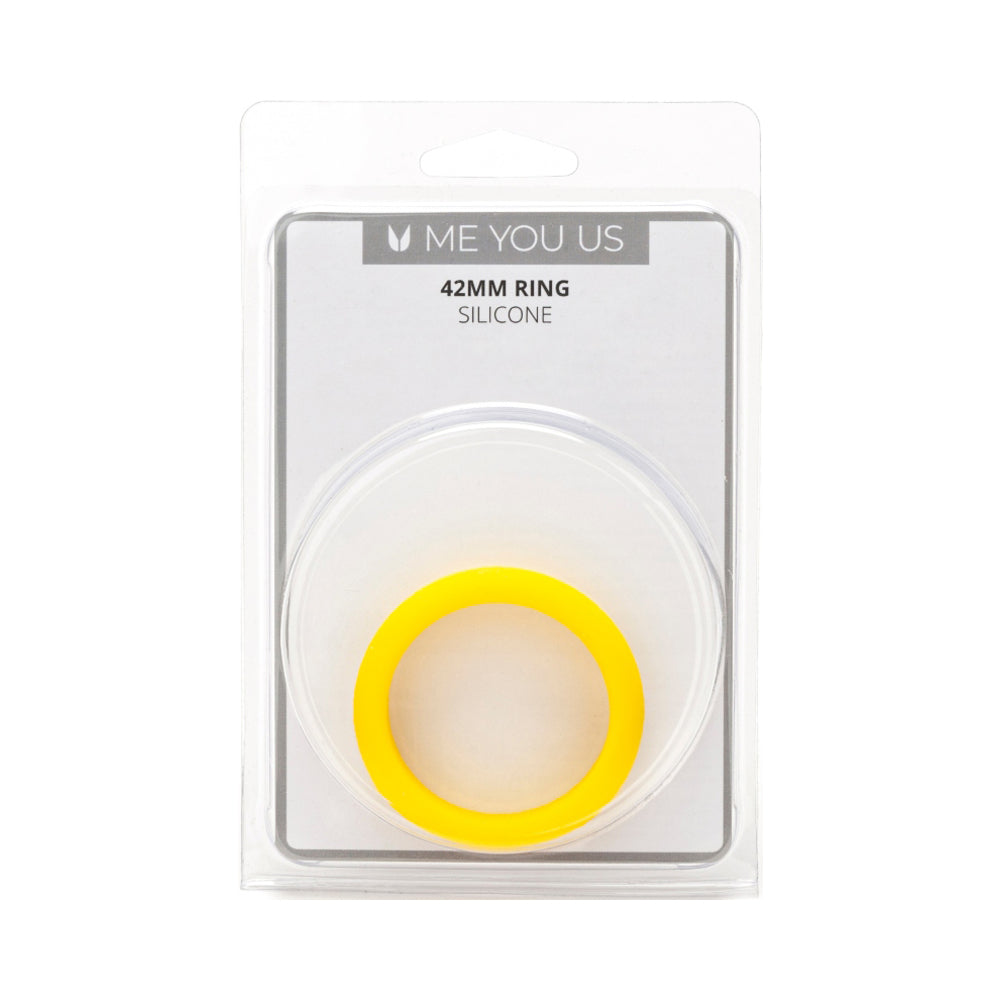 Me You Us Silicone 42mm Ring Me You Us yellow 42 mm silicone ring centered in clear round blister on gray branded card