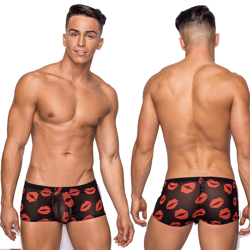 Male Power Kiss Me Mini Short Sheer Lips XL Male Power Kiss Me Mini Short XL front and rear views of black red lip-print design