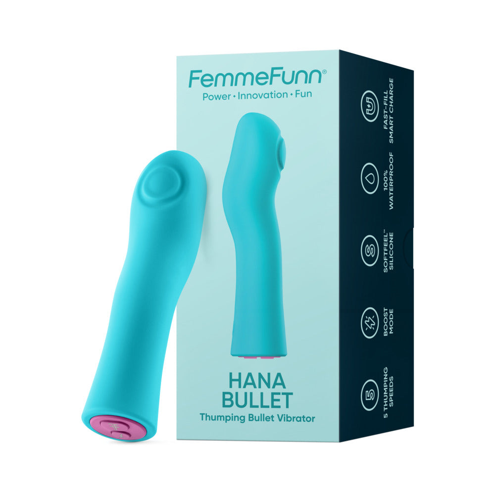 FemmeFunn Hana Thumping Bullet Turquoise Turquoise FemmeFunn Hana bullet vibrator beside retail box