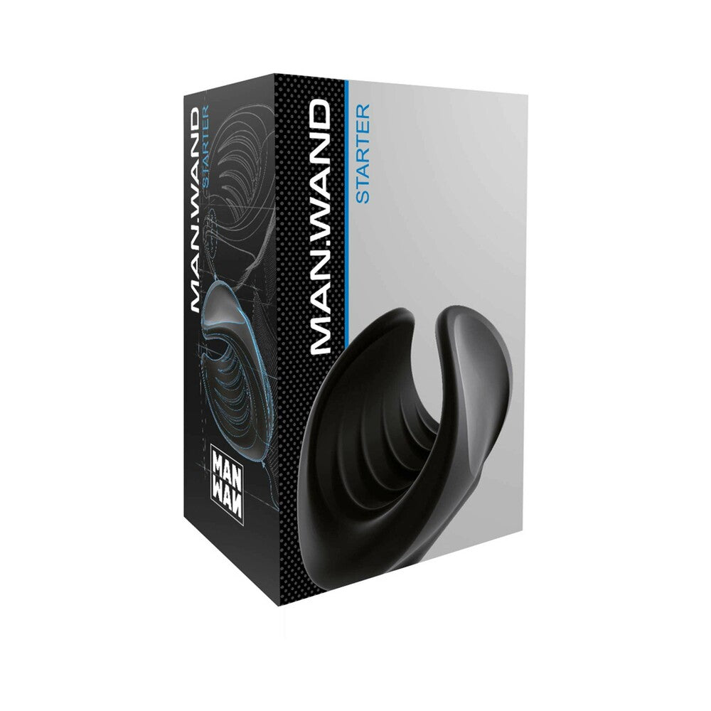 Man.Wand Starter Rechargeable Masturbator Man.Wand Starter black massager and retail box with curved flexible wings