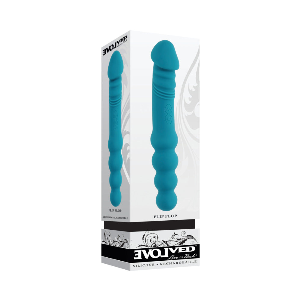 Evolved Flip Flop Rechargeable Silicone Dual-Ended Vibrator Teal Evolved Flip Flop teal dual-ended vibrator in retail box