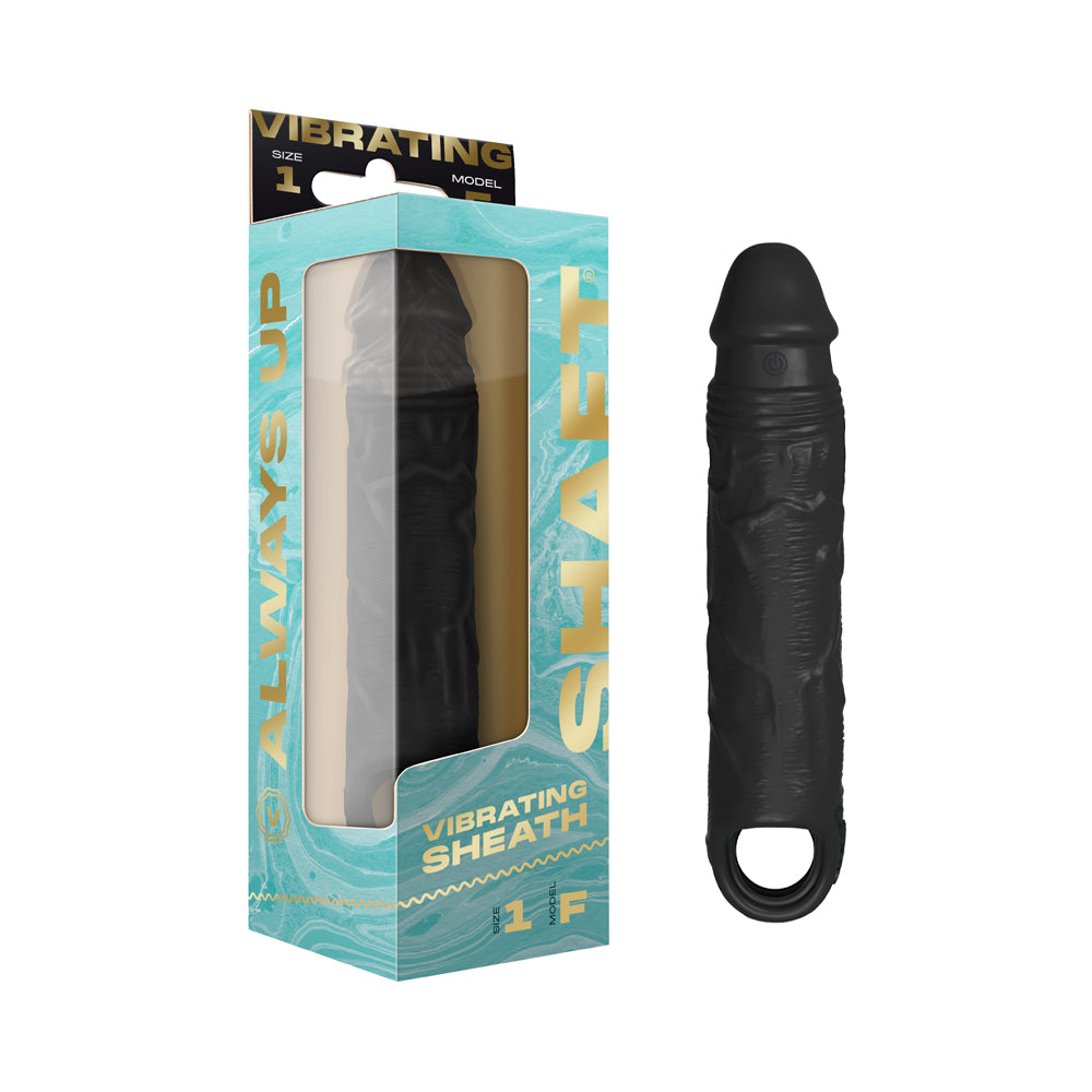 Shaft Vibrating Model F: Sheath Size 1 Black Black Shaft Vibrating Model F size 1 sheath beside turquoise box