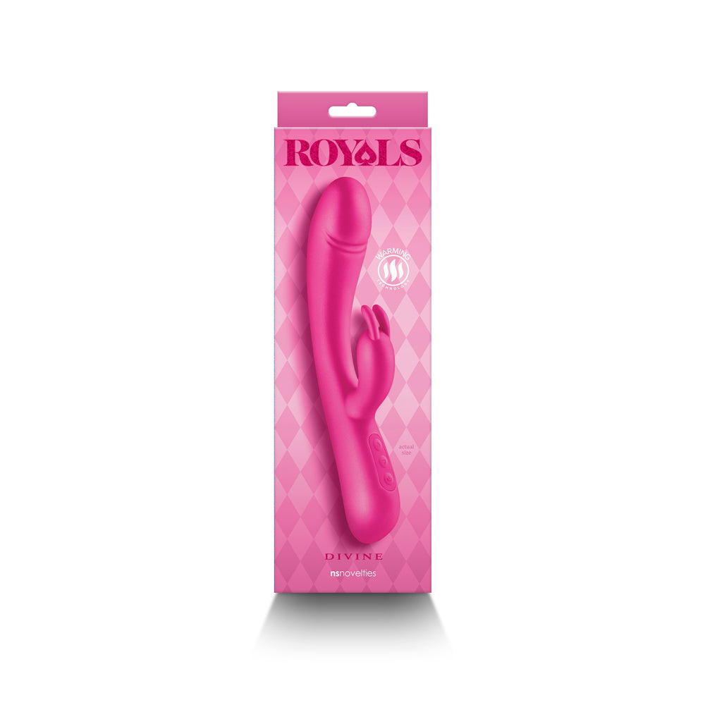 Royals Divine Warming Rabbit Vibrator Metallic Pink NS Novelties Royals Divine metallic pink rabbit vibrator inside tall pink retail box