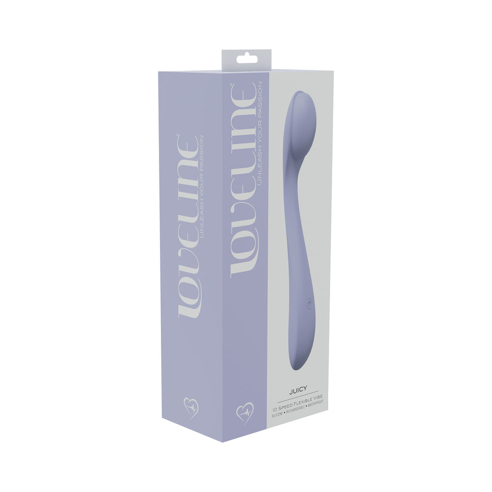 LoveLine Juicy 10 Speed Flexible Vibe Sealed Silicone Rechargeable Submersible Lavender lavender LoveLine Juicy flexible vibrator pictured on matching retail box