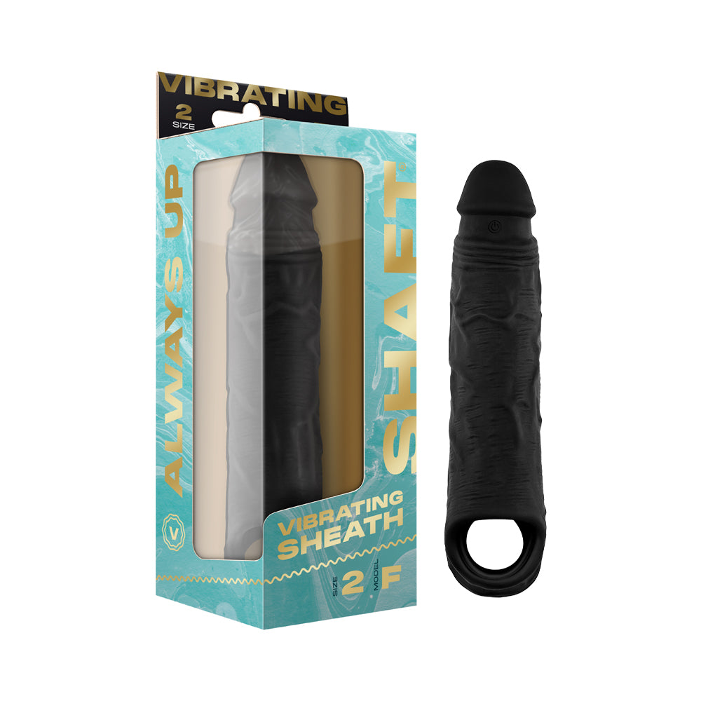 Shaft Vibrating Model F: Sheath Size 2 Black Black Shaft Vibrating Model F size 2 sheath beside turquoise box