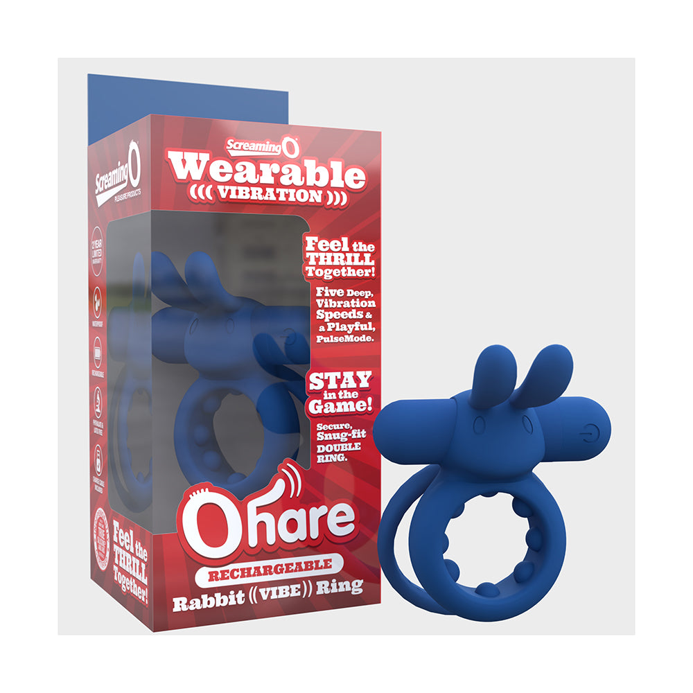 Screaming O Rechargeable Ohare Blue Blue rechargeable Ohare rabbit ring beside red box
