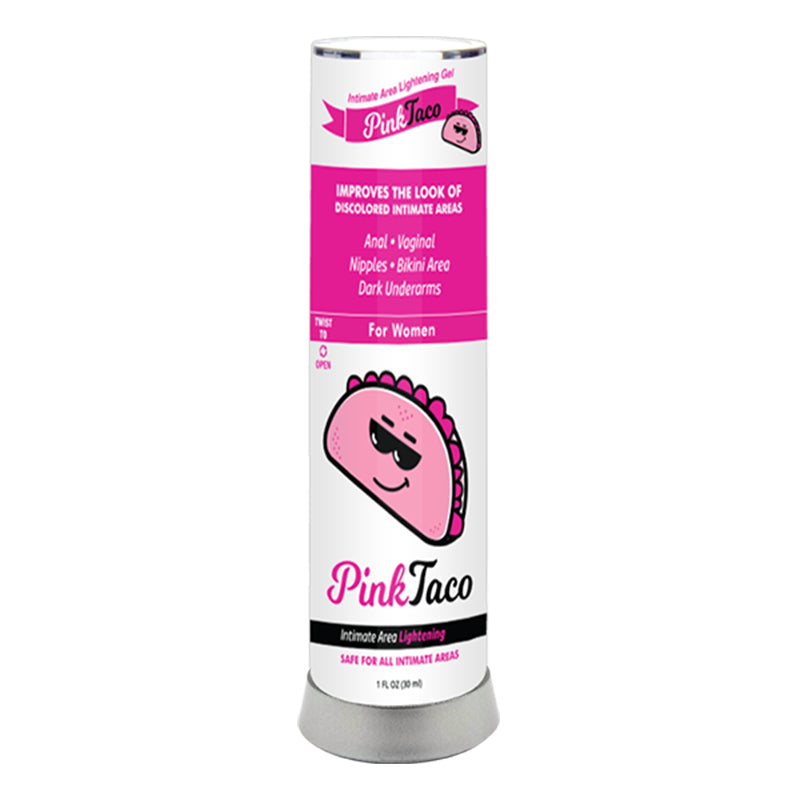 Pink Taco Intimate Area Lightening Gel 1oz bottle Body Action Pink Taco 1 oz intimate gel tall white cylindrical package with hot-pink panels and metallic base accent