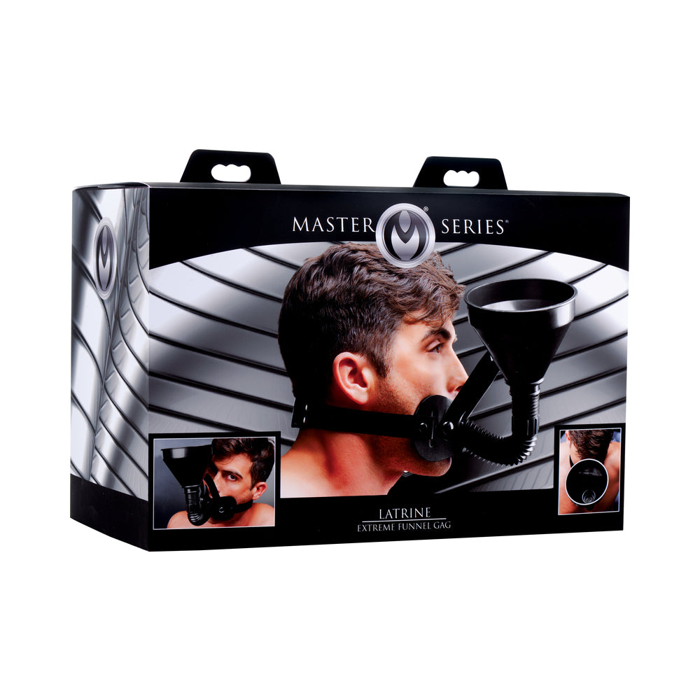 Master Series Latrine Extreme Funnel Gag Master Series Latrine black funnel gag with adjustable head strap pictured on box