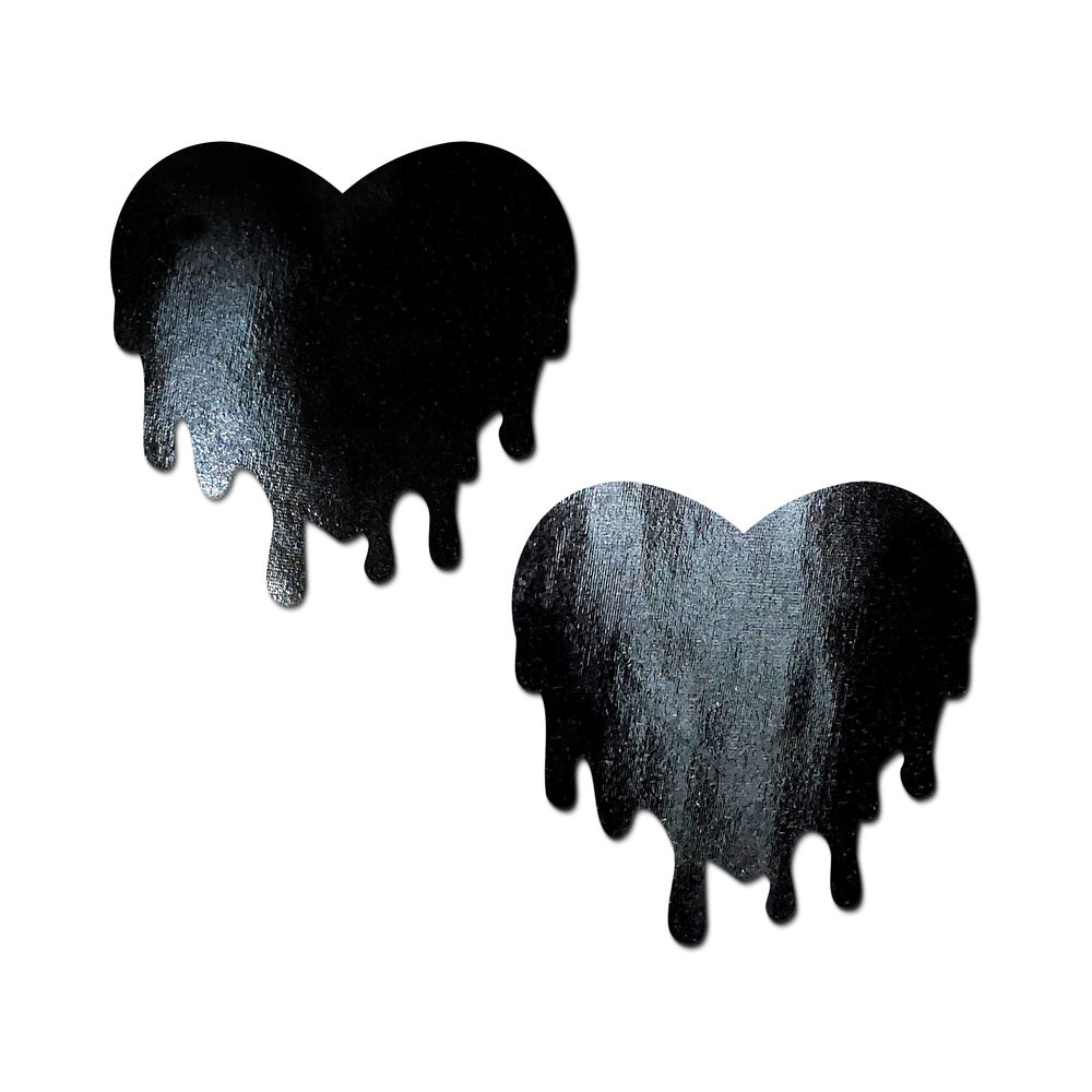 Pastease Faux Latex Pleather Vinyl Black Melty Heart Nipple Pasties pair of glossy black faux-latex heart nipple pasties with dripping lower edges
