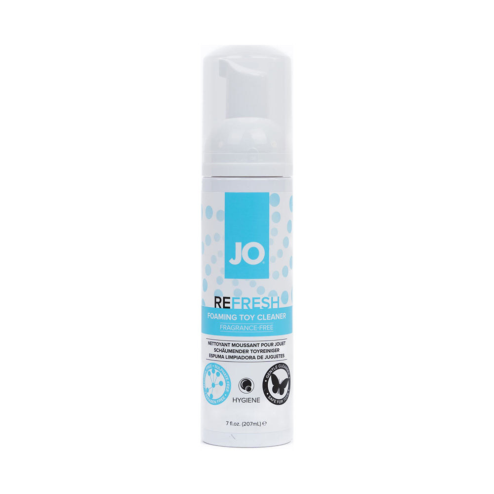 JO Refresh Foaming Toy Cleaner 7 oz. Front of 7 oz System JO Refresh foaming toy cleaner pump bottle
