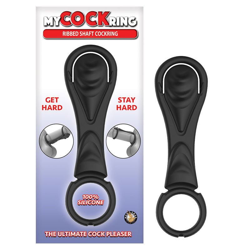 My Cockring Ribbed Shaft Cockring Black Black My Cockring Ribbed Shaft ring with raised panel beside package