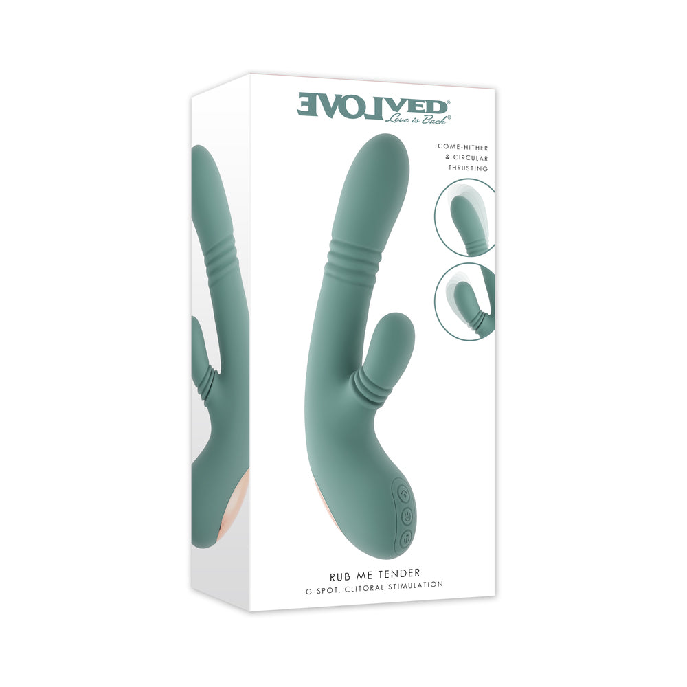 Evolved Rub Me Tender G-Spot Gyration & Thrusting Mint Evolved Rub Me Tender mint gyrating and thrusting toy displayed in its white retail box