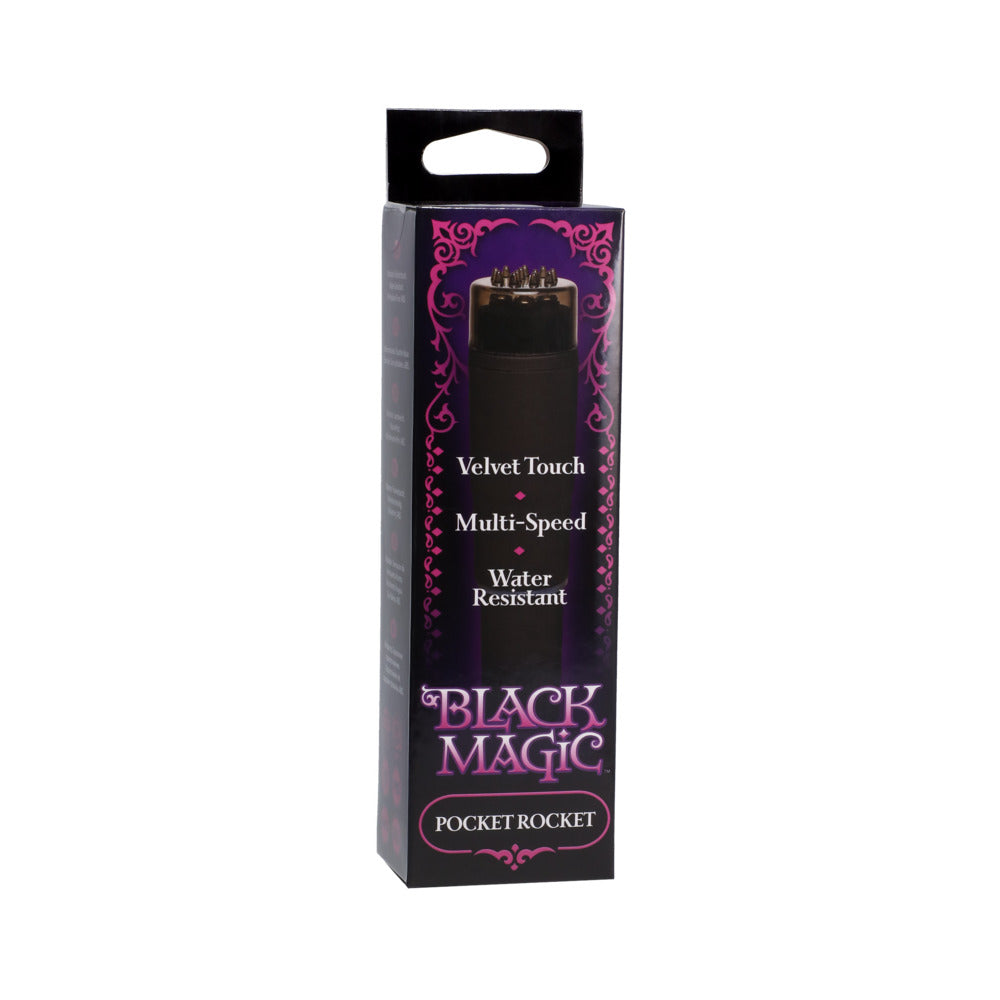 Black Magic Pocket Rocket Massager Black Magic Pocket Rocket massager inside tall black-and-purple retail box