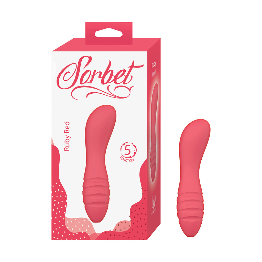 Sorbet Ruby Red Red Red Nasstoys Sorbet Ruby Red vibrator beside retail box