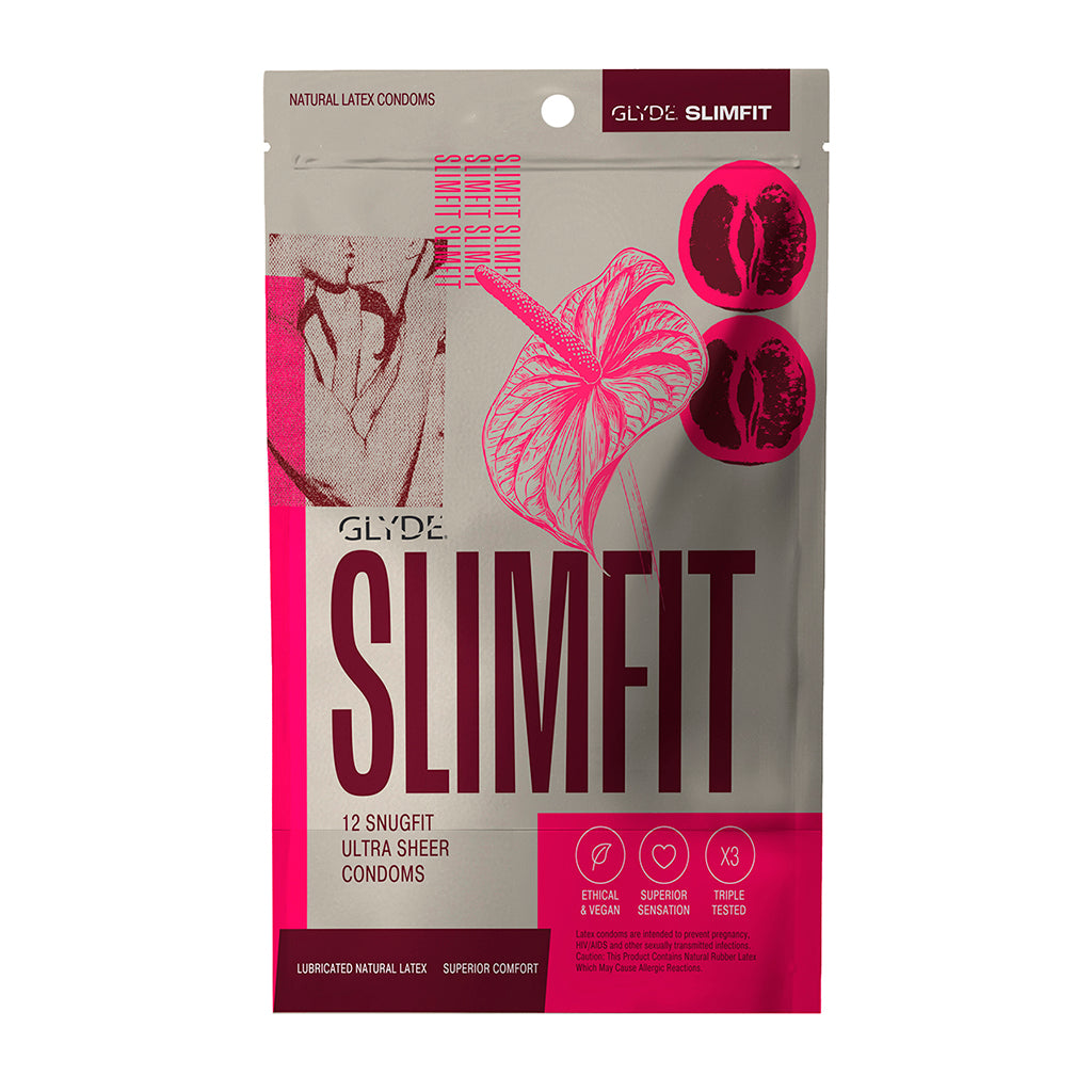 Glyde Slimfit (Snug-Fitting) 12pk pink and black Glyde Slimfit 12-pack condom pouch with 49 mm fit diagrams