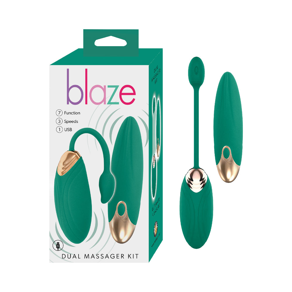 Blaze Dual Massager Kit Green Green Blaze dual massager kit beside matching retail box
