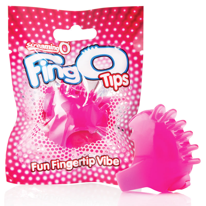 Screaming O FingO Tips Pink Screaming O FingO Tips Pink pink ridged fingertip vibrator beside hanging pouch