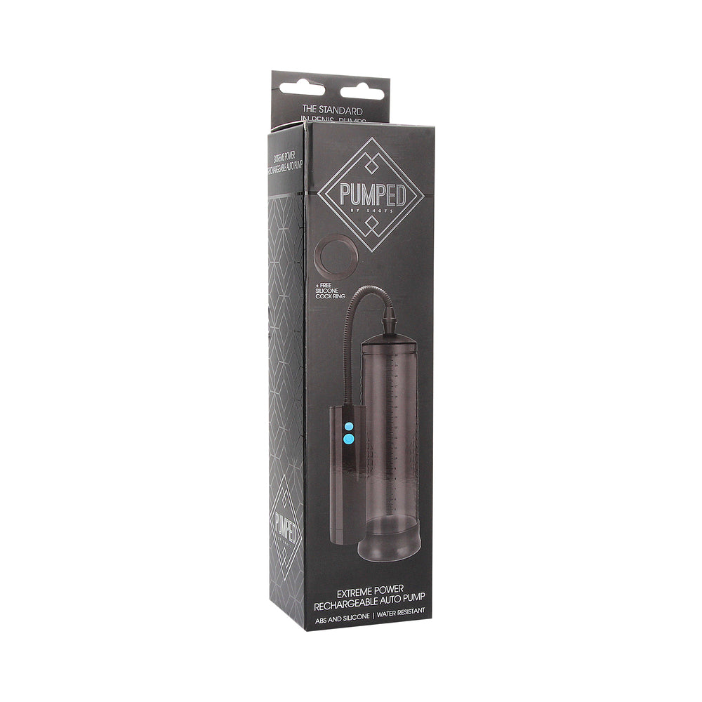Pumped Extreme Power Rechargeable Automatic Penis Pump Black Shots Pumped black automatic penis pump in tall retail box