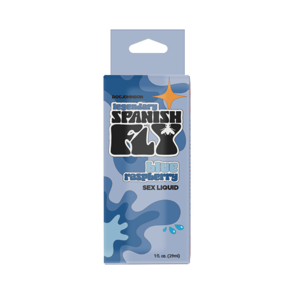 Spanish Fly Sex Liquid Blue Raspberry 1 oz. periwinkle Spanish Fly Blue Raspberry 1 oz bottle inside blue hanging carton