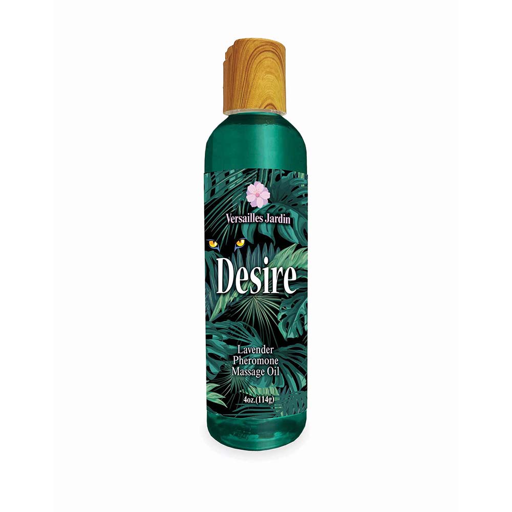 Desire Pheromone Massage Oil Lavender 4 oz. Desire Lavender massage oil in dark green bottle with flower icon