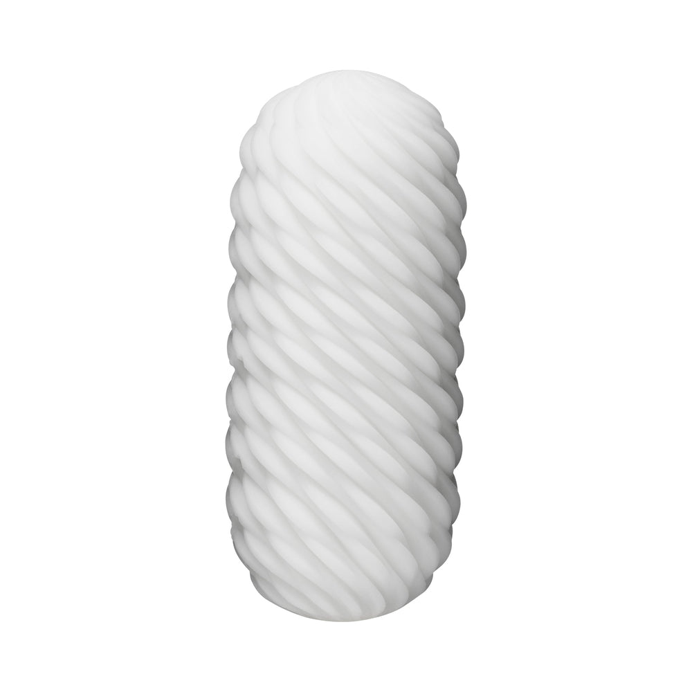 TENGA 3Dx Flow white stroker sleeve upright capsule with broad diagonal twisted ridges