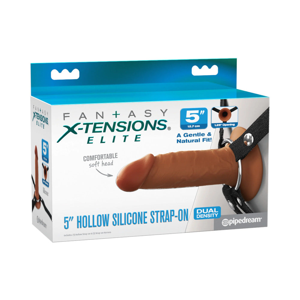 Fantasy X-Tensions Elite Silicone Hollow Strap-On Dual Density 5 in. Brown Brown Fantasy X-Tensions Elite 5-inch hollow strap-on on box