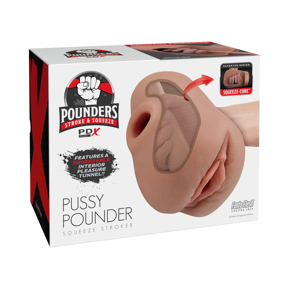 PDX Plus Pussy Pounder Squeeze Stroker Brown Brown PDX Pussy Pounder squeeze stroker on retail box