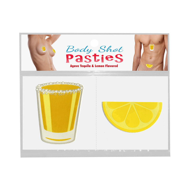 Body Shot Pasties Body Shot Pasties card with yellow tequila glass and lemon wedge edible pieces
