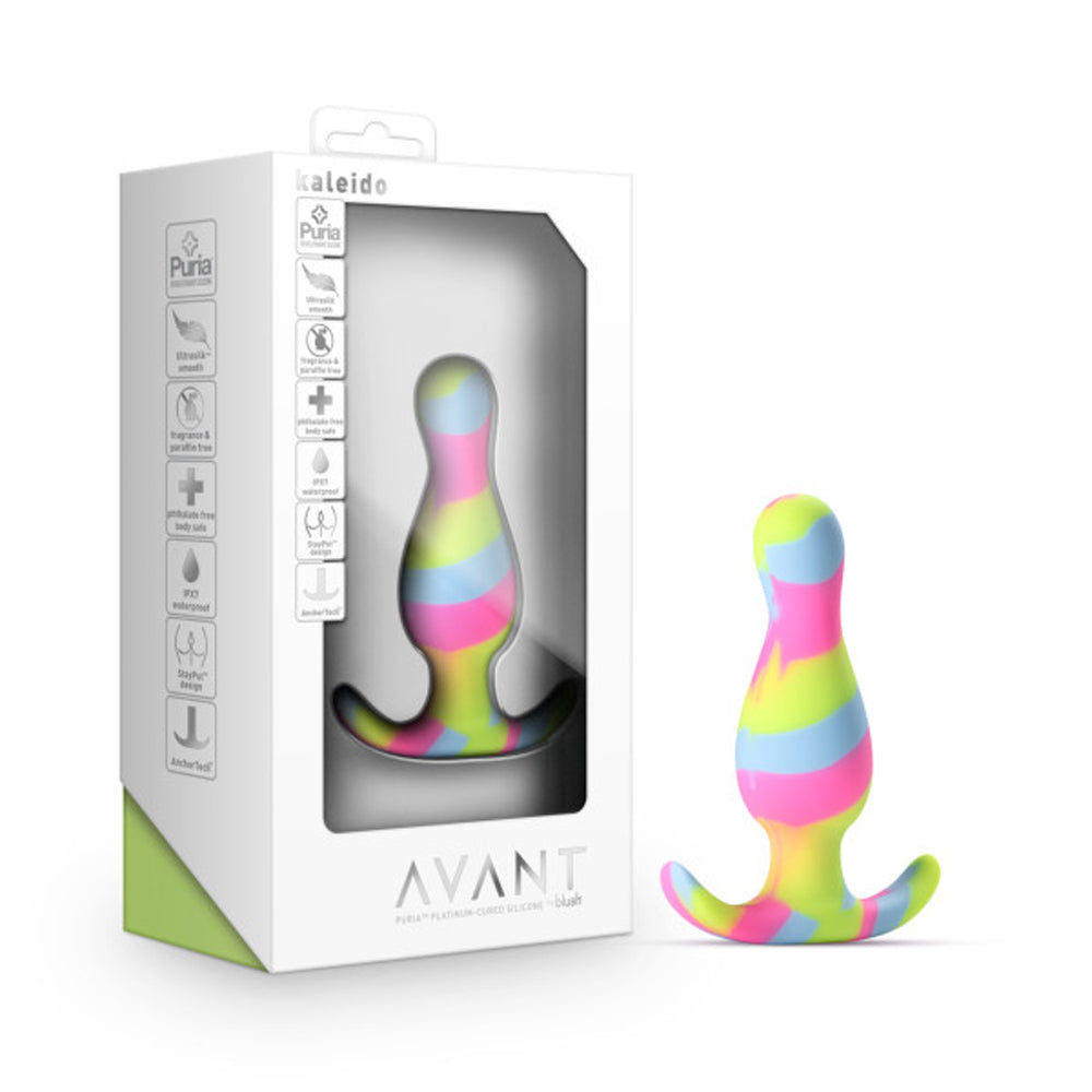 Avant Kaleido Silicone Anal Plug Lime Blush Avant Kaleido lime multicolor plug beside retail box