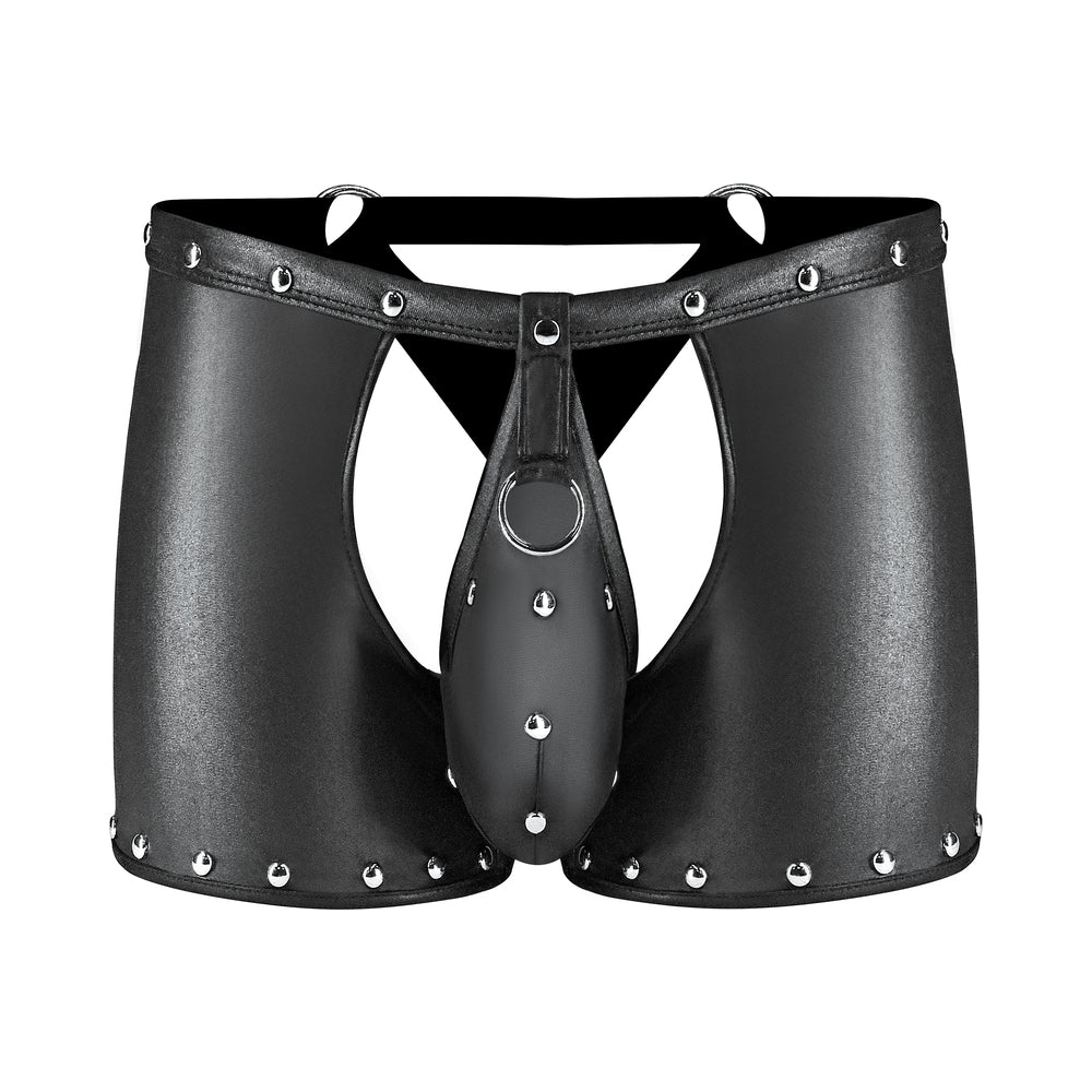 Male Power Fetish Poseidon Chap-Style Short Black L/XL Front product view of black Poseidon chap-style shorts