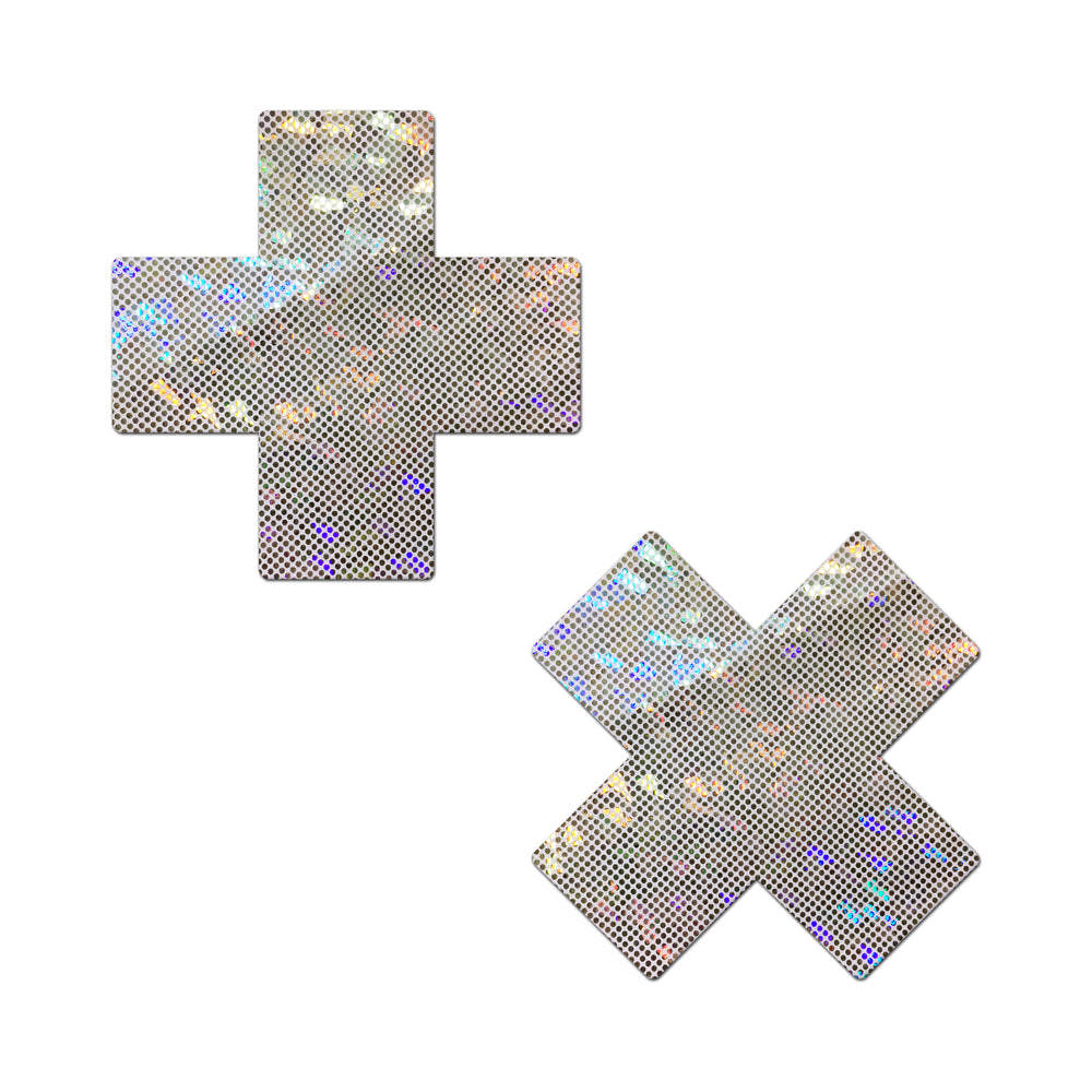 Pastease Plus X Shattered Glass Disco Ball Glitter White Cross Nipple Pasties pair of silver holographic cross nipple pasties with shattered-glass pattern