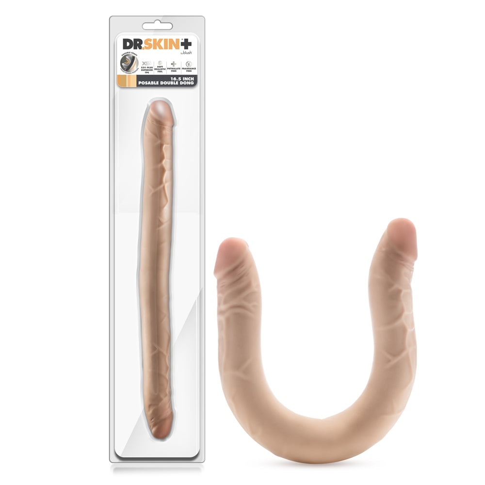 Dr. Skin Plus 16.5 in. Posable Double Dong Beige Blush Dr. Skin Plus beige 16.5-inch double dong straight package view beside bent U-shaped profile