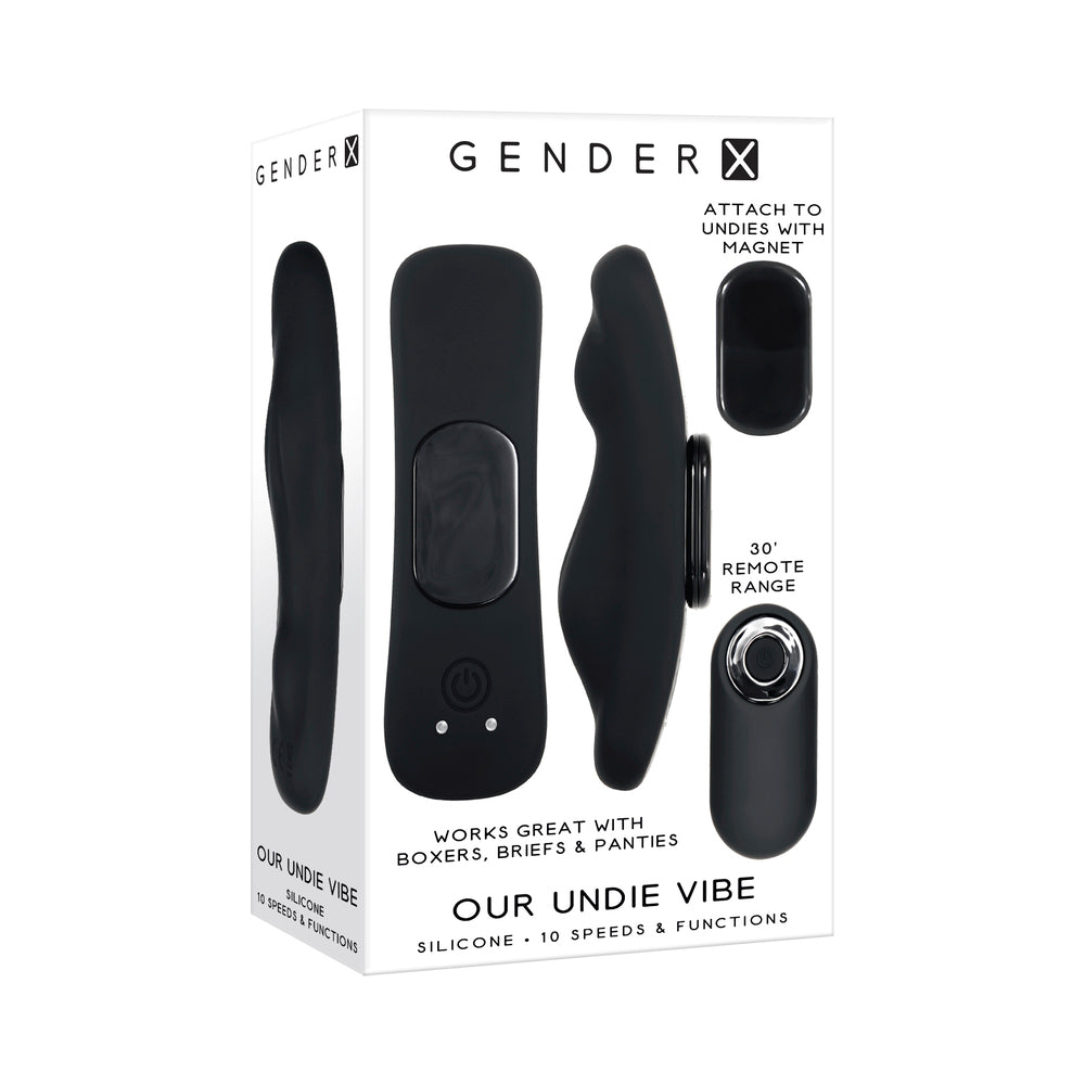 Gender X Our Undie Vibe Rechargeable Remote-Controlled Magnetic Silicone Underwear Vibrator Black Black Gender X Our Undie Vibe pictured on white retail box