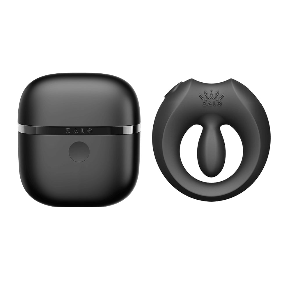 Zalo Legend Series Apis Obsidian Black Zalo Legend Apis Obsidian Black wearable ring vibrator set open ring beside the matching rounded charging case