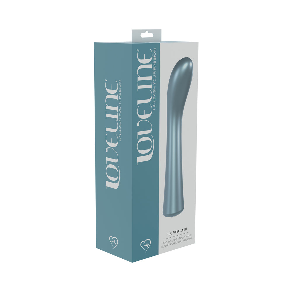 LoveLine La Perla III Rechargeable Silicone G-Spot Vibrator Blue blue LoveLine La Perla III curved G-spot vibrator pictured on teal retail box