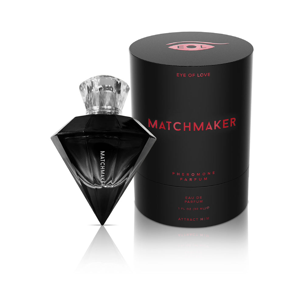 Eye of Love Matchmaker Black Diamond Attract Him LGBTQ Pheromone Parfum 1 oz. black diamond-shaped Attract Him bottle with red-lettered round box