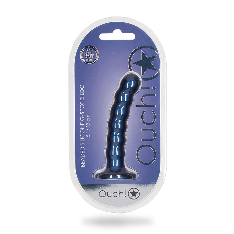 Ouch! Beaded Silicone 5 in. G-Spot Dildo Metallic Blue Shots Ouch metallic blue 5 inch beaded silicone dildo front clamshell package