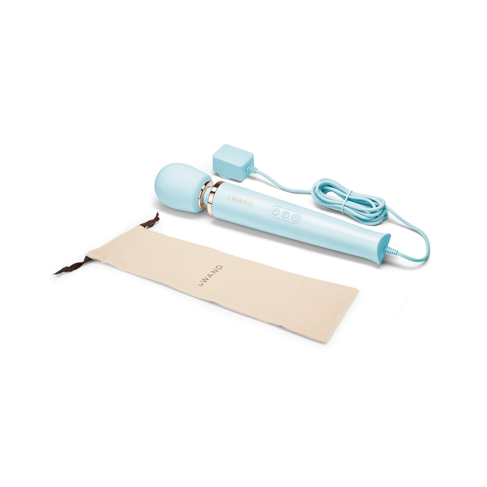 Le Wand Plug-In Vibrating Massager Sky Blue Sky blue Le Wand massager with cord adapter and storage pouch
