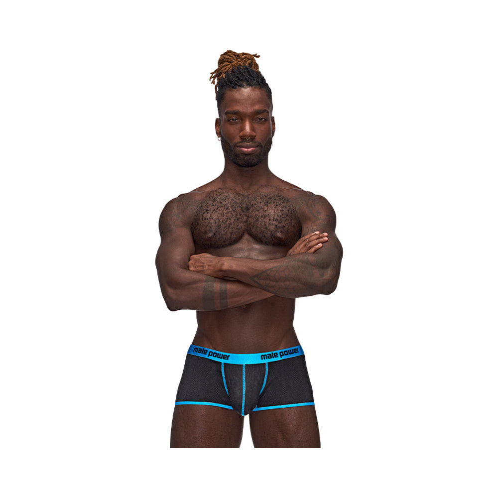 Male Power Casanova Uplift Short Black L Close front view of black and turquoise Male Power Casanova Uplift Mini Short underwear