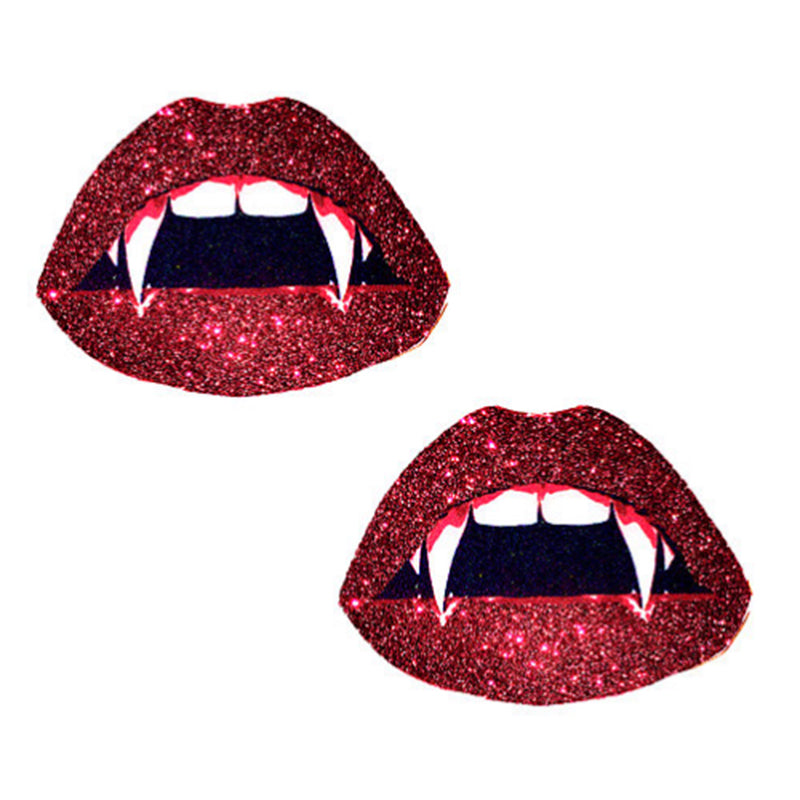 Neva Nude Pasty Vampire Lips Glitter Pair of red glitter Neva Nude vampire lip pasties with white fangs