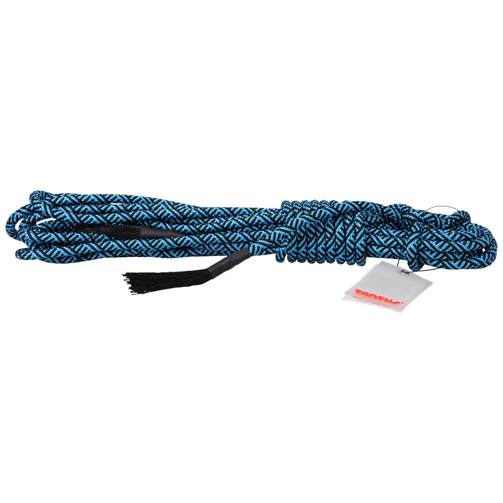 Tantus Rope 30 ft. Azure Tantus Azure blue and black 30 foot polyester rope coiled horizontal view with tassel ends