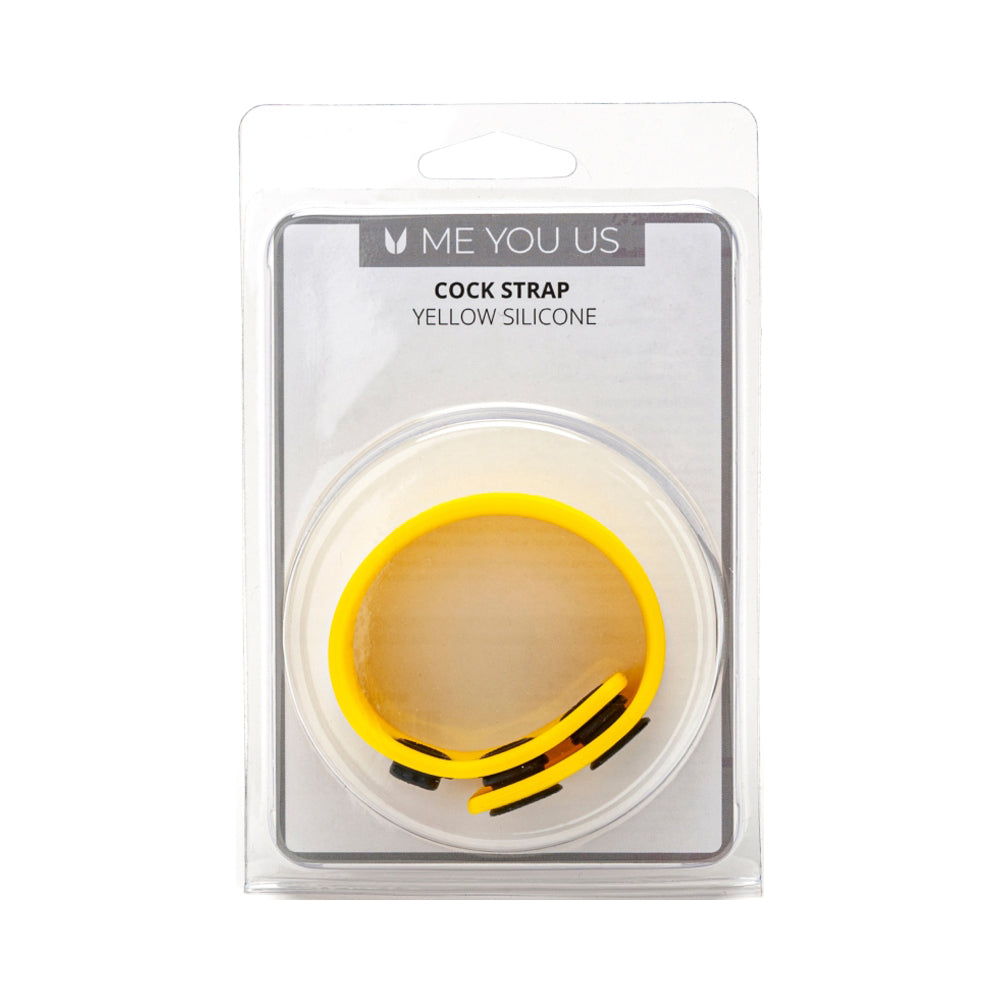 Me You Us Yellow Silicone Cock Strap Me You Us yellow silicone cock strap coiled in clear blister with overlapping ends and black slider accent