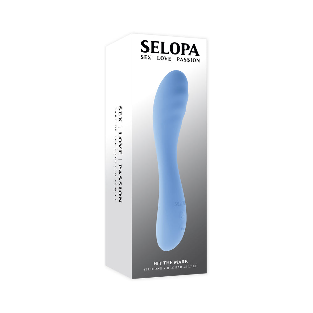 Selopa Hit The Mark Curved-Shaft Vibrator Blue Selopa Hit The Mark blue curved-shaft vibrator beside the tall white retail box