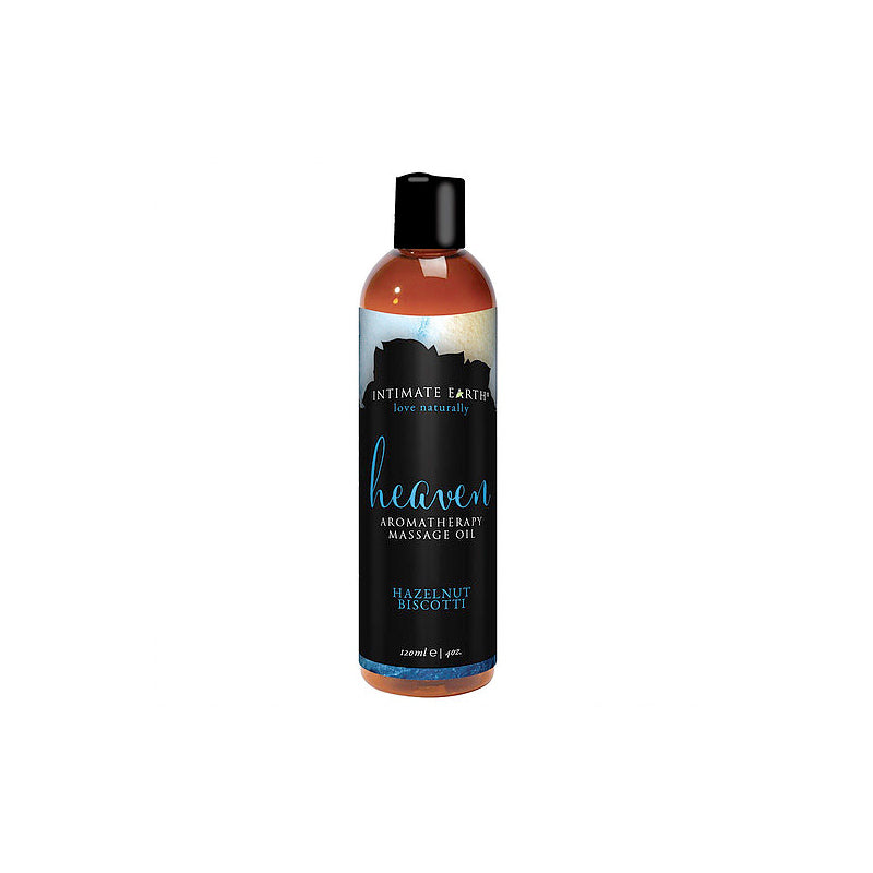 Intimate Earth Heaven Hazelnut Biscotti Massage Oil 120 ml/4 oz Intimate Earth Heaven Hazelnut Biscotti Oil 4 oz amber bottle with black cap and dark label