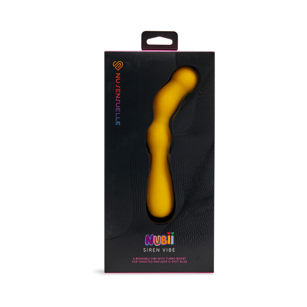 Nu Sensuelle Siren Nubii G-Spot Vibe W/ Hinge Yellow yellow Siren Nubii curved vibrator presented through Nu Sensuelle black box window